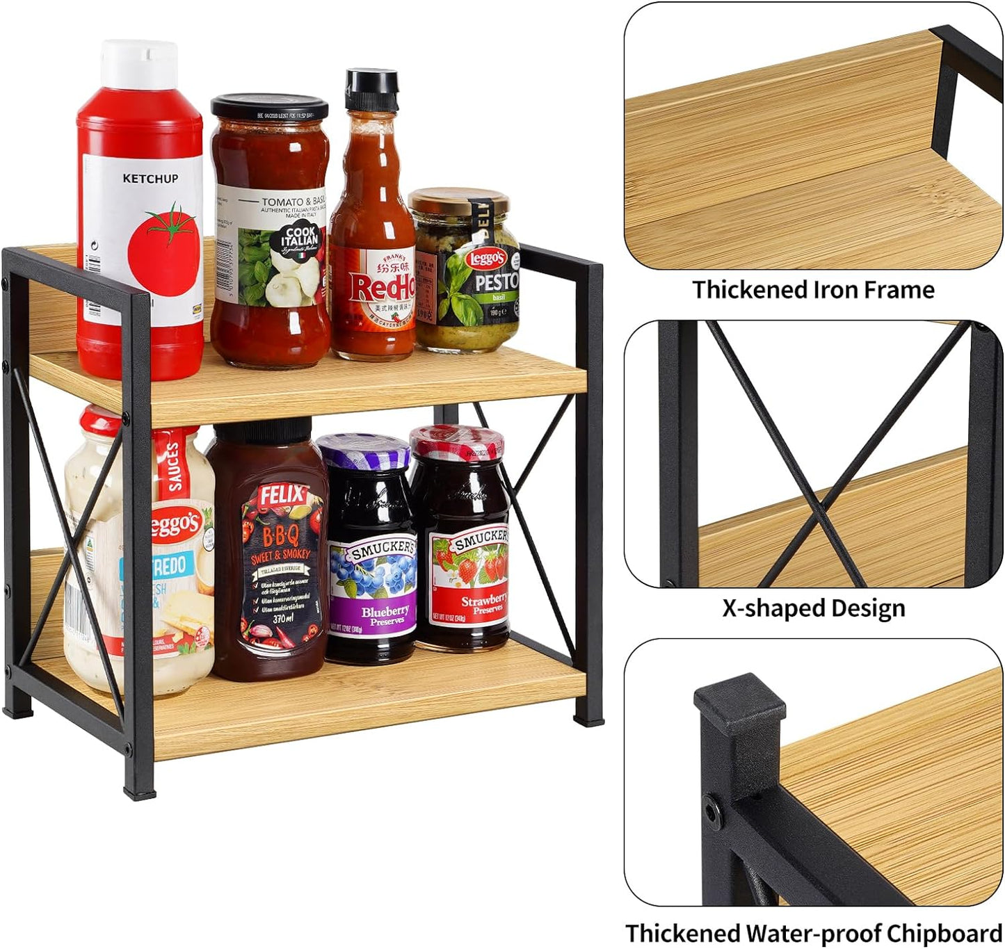 Giikin Countertop Shelf Organizer, 2 Tier Kitchen Spice Rack for Countertop, Wood Coffee Counter Shelf Organizer for Home (Brown, S)