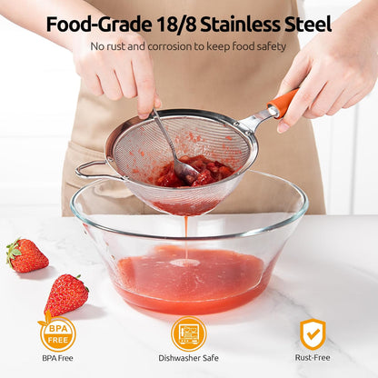 U-Taste Medium Fine Mesh Strainer: 18/8 Stainless Steel 4.73in 30 Mesh Kitchen Food Sieve with Sturdy Riveted Silicone Handle, Heavy Duty Deep Handheld Metal Colander for Rice, Quinoa, Flour (Black)