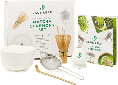 Jade Leaf Matcha - Traditional Starter Set - Japanese Matcha Gift Set Includes: Bamboo Whisk (Chasen), Scoop (Chashaku), Stainless Steel Sifter, Fully Printed Handbook