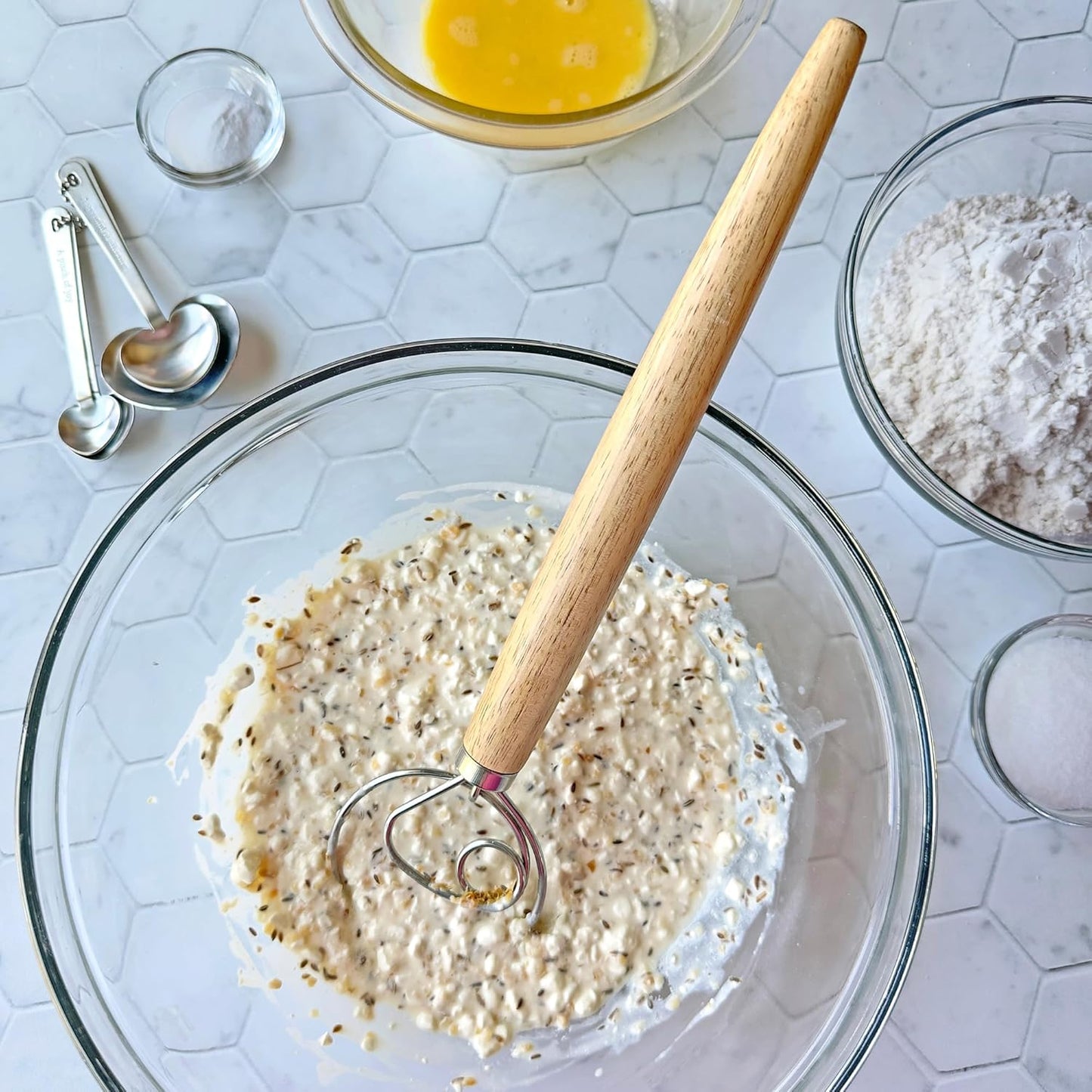 R&M Dough Whisk – 13" Stainless Steel Bread Mixer with Rubber Wood Handle – Hand Dough Blender for Sourdough, Pizza Dough, Pastries & Thick Batters