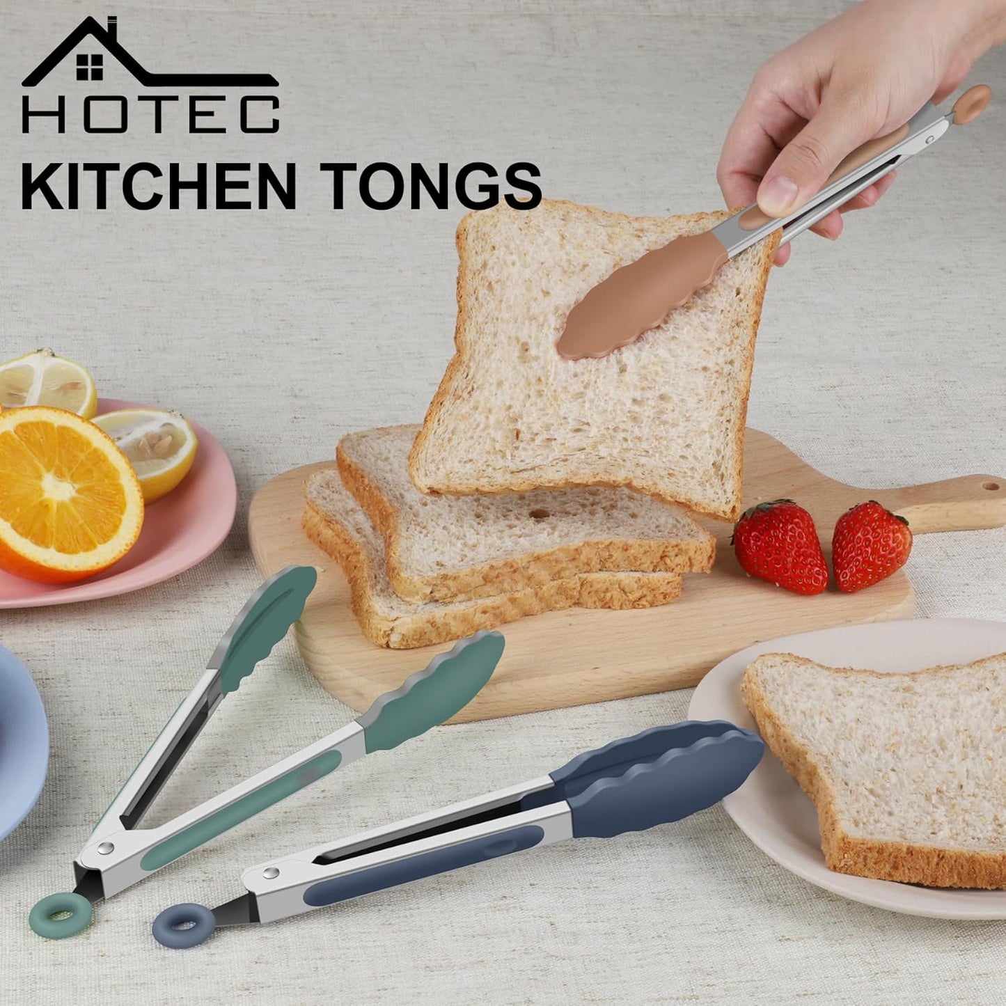 Hotec Silicone Kitchen Tongs for Cooking 9-Inch Serving Tongs with Silicone Tips, Set of 3 (Gradient Blue)