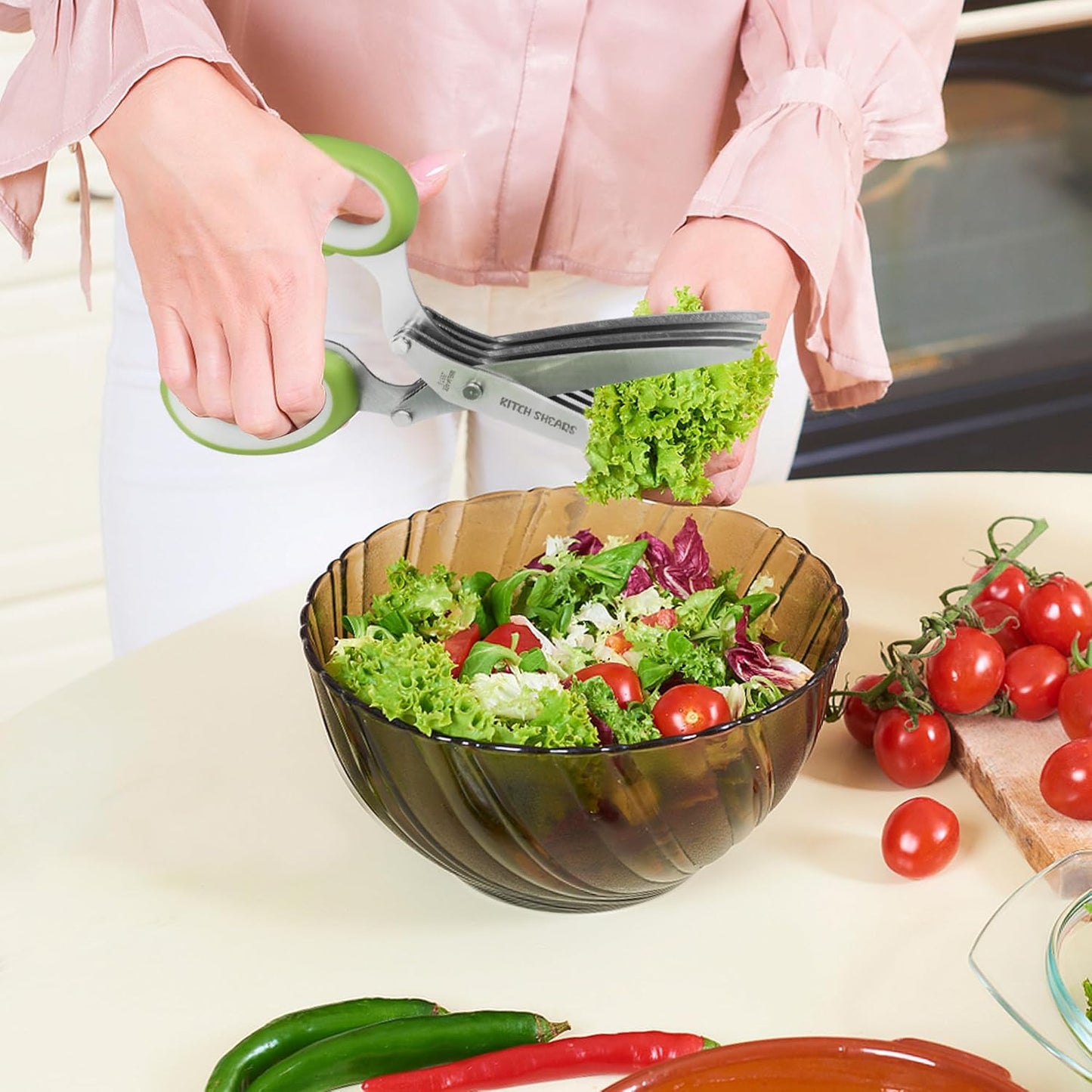 KitchShears Herb Scissors with 5 Blades and Cover - Premium Quality Stainless-Steel Herb Cutter for Kitchen & Garden Herbs - With safety Cover and Cleaning Comb - Dishwasher Safe & Easy to Clean