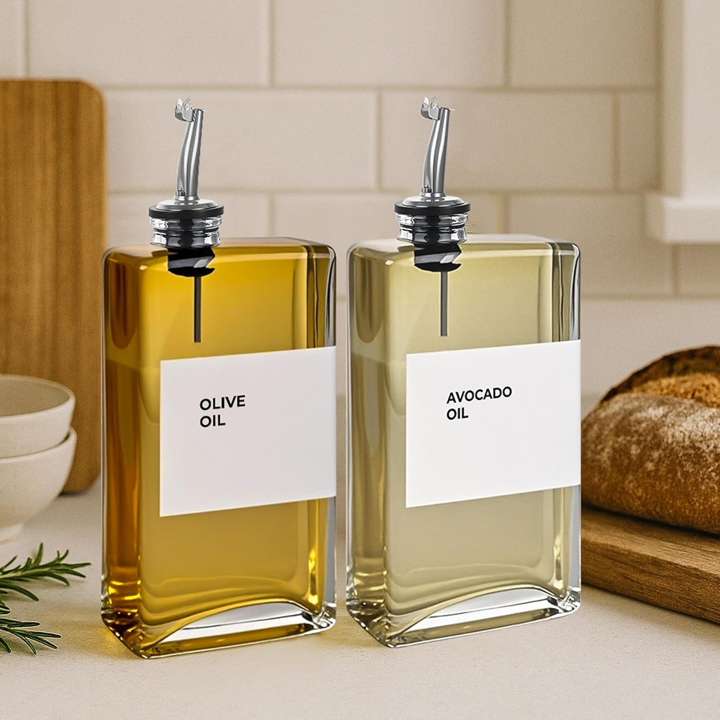 Spaceneat Olive Oil Dispenser Bottle - Includes 44 Kitchen Essential Labels - Cooking Oil Bottles for Kitchen, Coffee Syrup Dispenser - Pourer Spout with 11.8 fl oz Glass Container Cruet - 4pcs, Gold