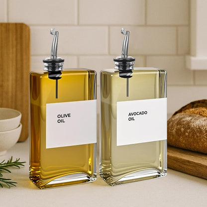 Spaceneat Olive Oil Dispenser Bottle - Includes 44 Kitchen Essential Labels - Cooking Oil Bottles for Kitchen, Coffee Syrup Dispenser - Pourer Spout with 11.8 fl oz Glass Container Cruet - 4pcs, Gold
