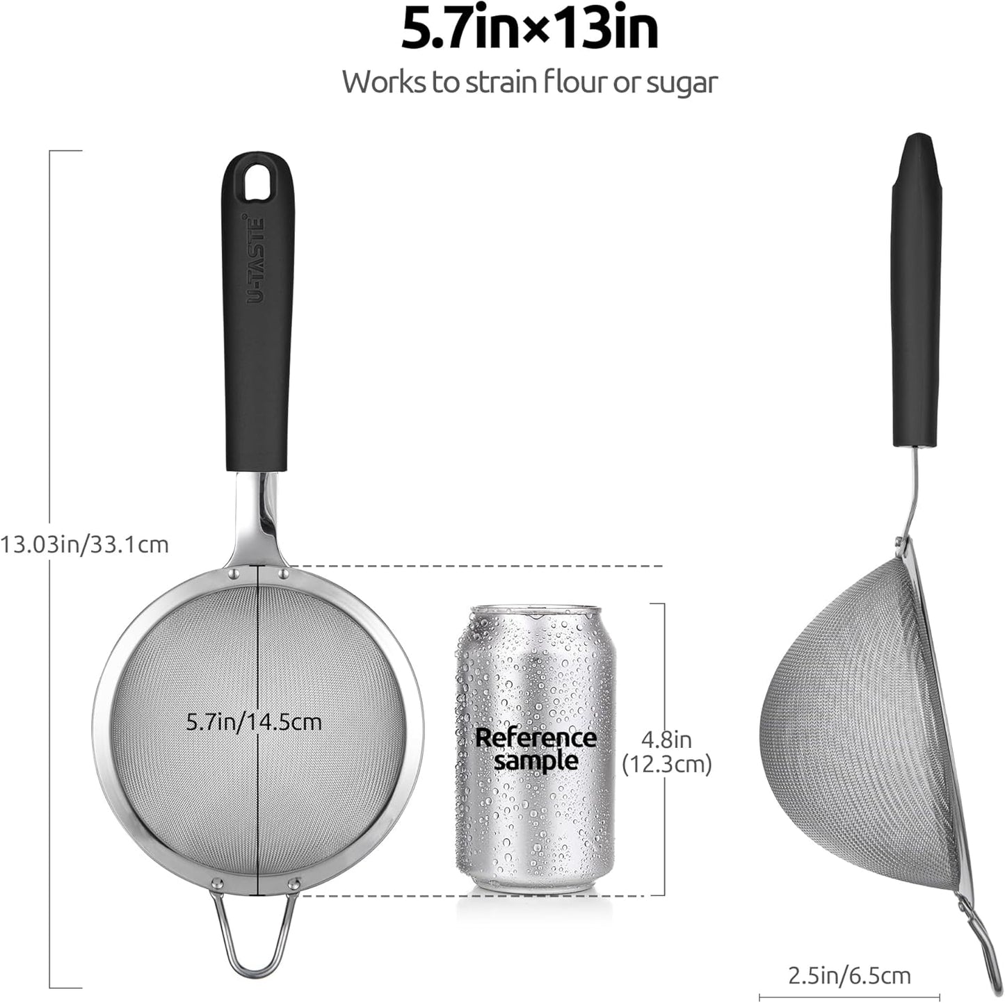 18/8 Stainless Steel Mesh Strainer: U-Taste 5.5 Inch Kitchen Fine Mesh Sieve Food Colander with Riveted Sturdy Silicone Handle and 30 Mesh Hole for Straining Flour, Pasta, Fruit, Quinoa(Aqua Sky)