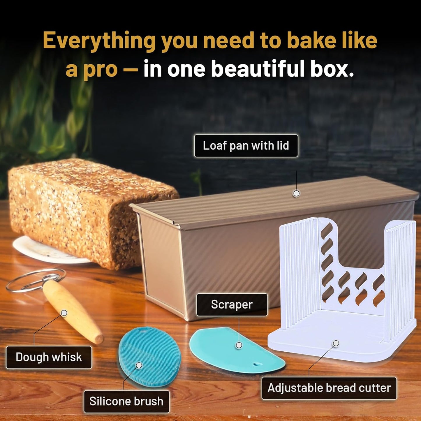 5-Pack Pullman loaf pan with Lid – Sourdough Loaf Pan Set, Includes Dough Scraper, Whisk, Silicone Cleaning Brush & Bread Cutter – Long Loaf Pan with Lid for Homemade Loaf