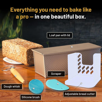 5-Pack Pullman loaf pan with Lid – Sourdough Loaf Pan Set, Includes Dough Scraper, Whisk, Silicone Cleaning Brush & Bread Cutter – Long Loaf Pan with Lid for Homemade Loaf