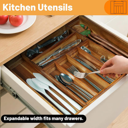 KITEISCAT Acacia Wood Expandable Silverware Organizer, Kitchen Utensil Drawer Organizer for Forks & Spoons, 8-Compartment Cutlery Tray, Flatware Holder