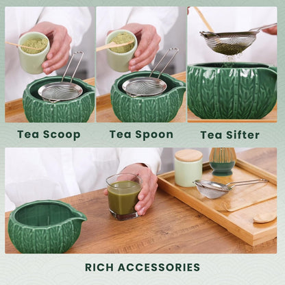 6-Piece Matcha Set, Matcha Whisk (Chasen) & Holder, Matcha Bowl with Spout, Sifter & Spoon, Bamboo & Ceramic, Dark Green