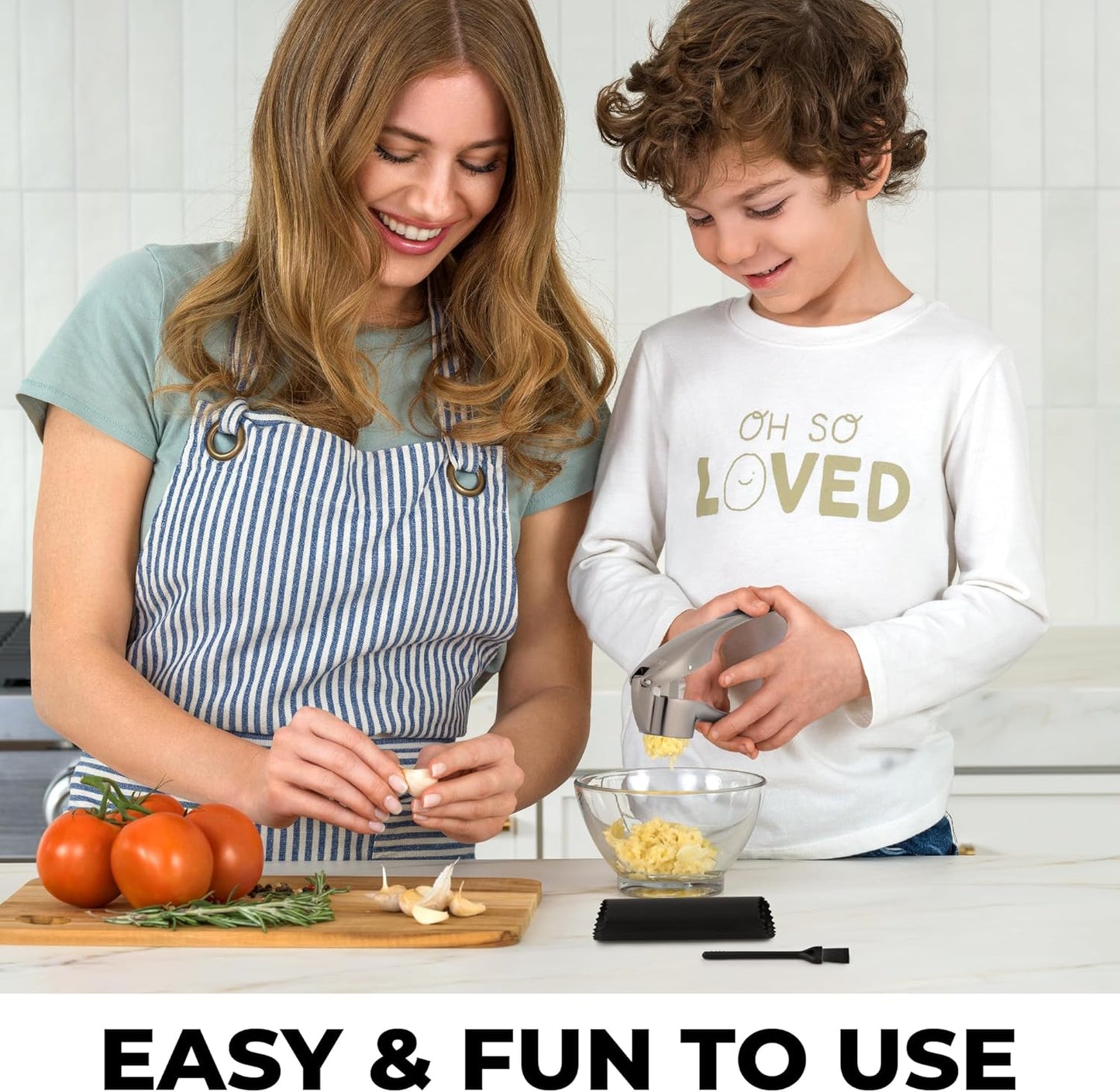 Zulay Kitchen Premium Garlic Press Set - Rust Proof Professional Garlic Mincer Tool - Easy-Squeeze, Easy-Clean with Soft, Ergonomic Handle - Silicone Garlic Peeler & Brush (Silver)