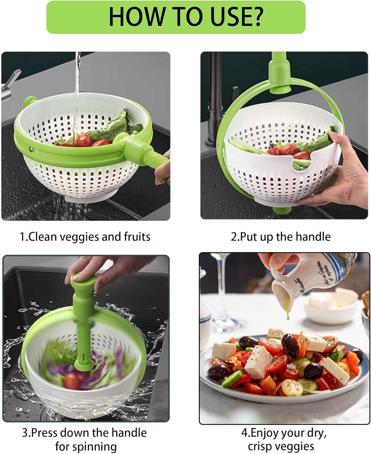 Collapsible Salad Spinner 3-in-1, 3Qt Space Saving Colander & Vegetable Dryer, Foldable for Easy Storage, Dishwasher Safe, BPA-Free, Non-Slip Base, for Small Kitchens, Dorms, RV, Camping