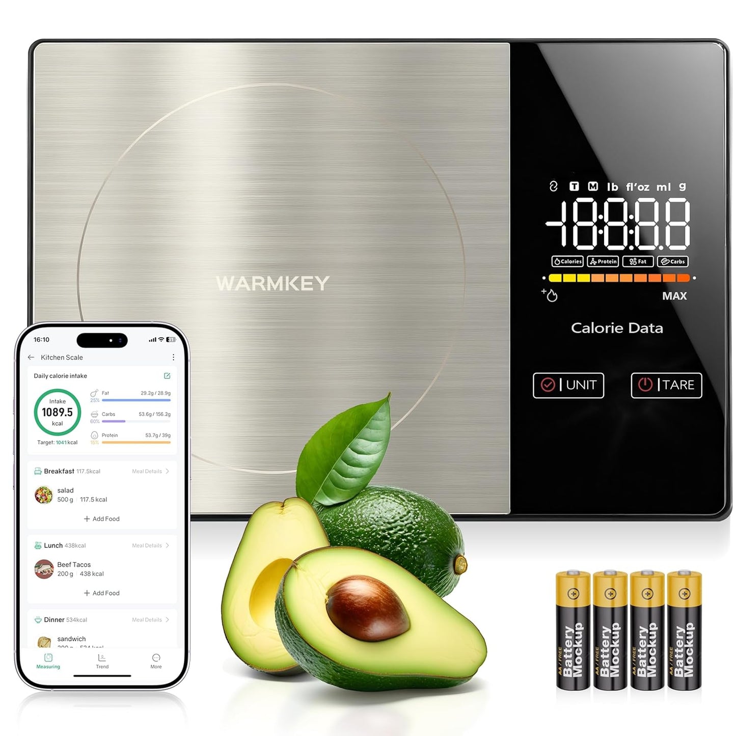 Smart Nutrition Food Scale with App - 1g Precision Digital Kitchen Scale, Tracks Calories & 24 Nutrients, Macros, Fat & Protein for Keto, Fitness & Meal Prep, 11lb/5kg with Tare Function
