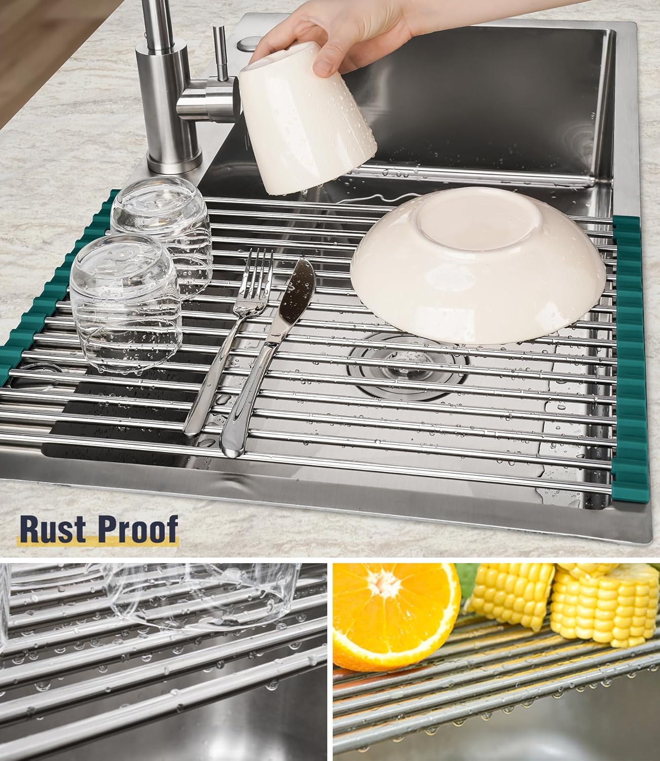 Tomorotec 17.7" x 15.5" Roll Up Dish Drying Rack Over Sink Drying Rack Sink Cover Kitchen Sink Accessories Gadget Multipurpose Organizer Foldable Stainless Steel Drainer