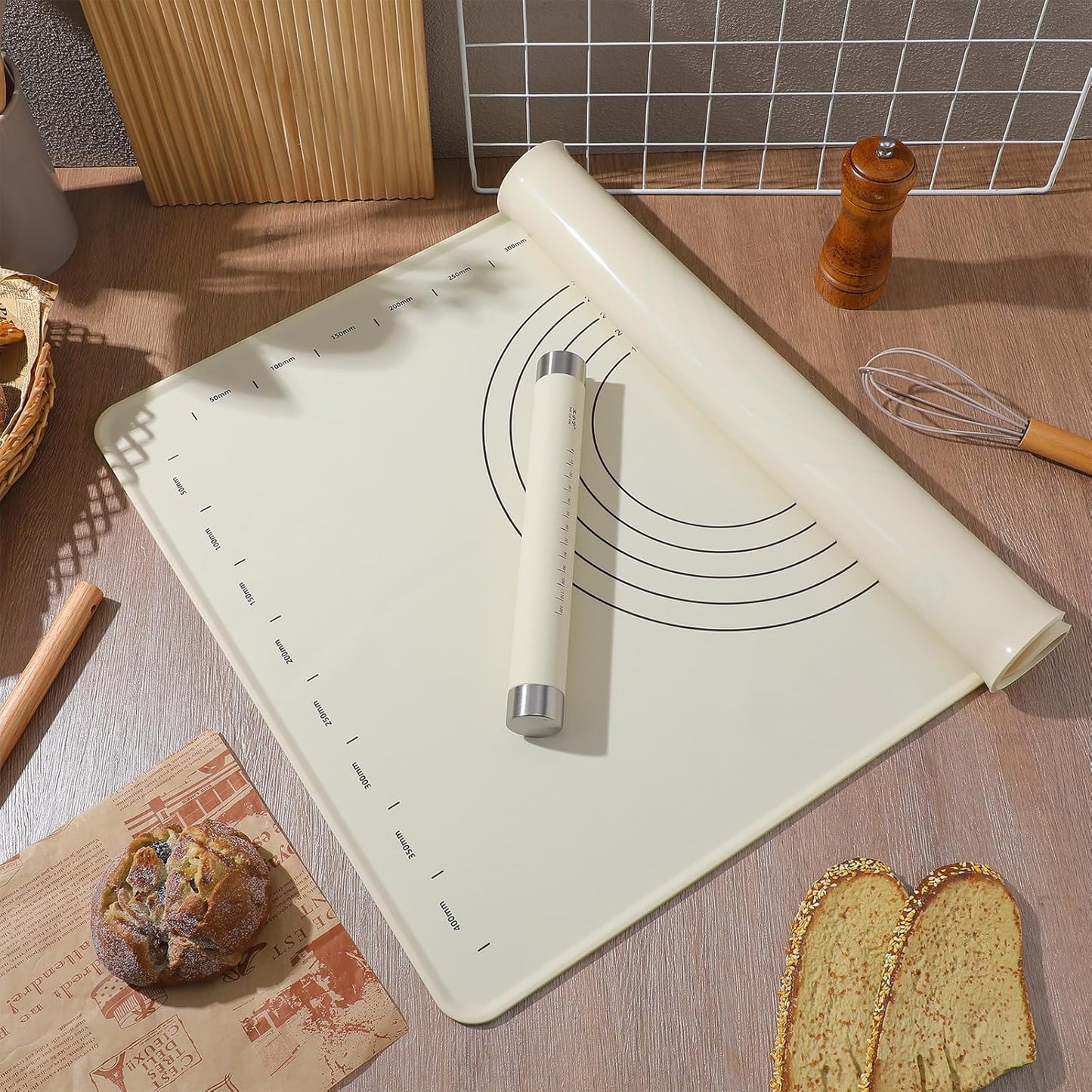 Silicone Baking Mat and Rolling Pin Set - Large Non-Slip Pastry Mat & Non Stick Dough Roller for Pizza, Pie, Pasta, Dough Cookies Baking Supplies Kitchen Accessories, 27.5x19.6inch