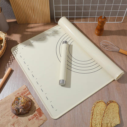 Silicone Baking Mat and Rolling Pin Set - Large Non-Slip Pastry Mat & Non Stick Dough Roller for Pizza, Pie, Pasta, Dough Cookies Baking Supplies Kitchen Accessories, 27.5x19.6inch