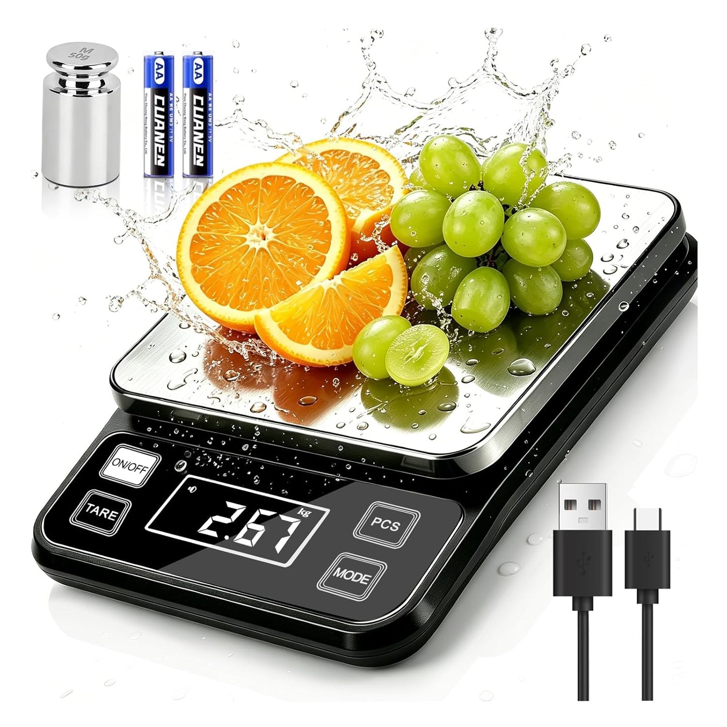 Waterproof Food Scale, 22lb Digital Kitchen Scale with Batteries, 304 Stainless Steel Precision Gram Scale for Baking, Cooking, Meal Prep, Tare Function