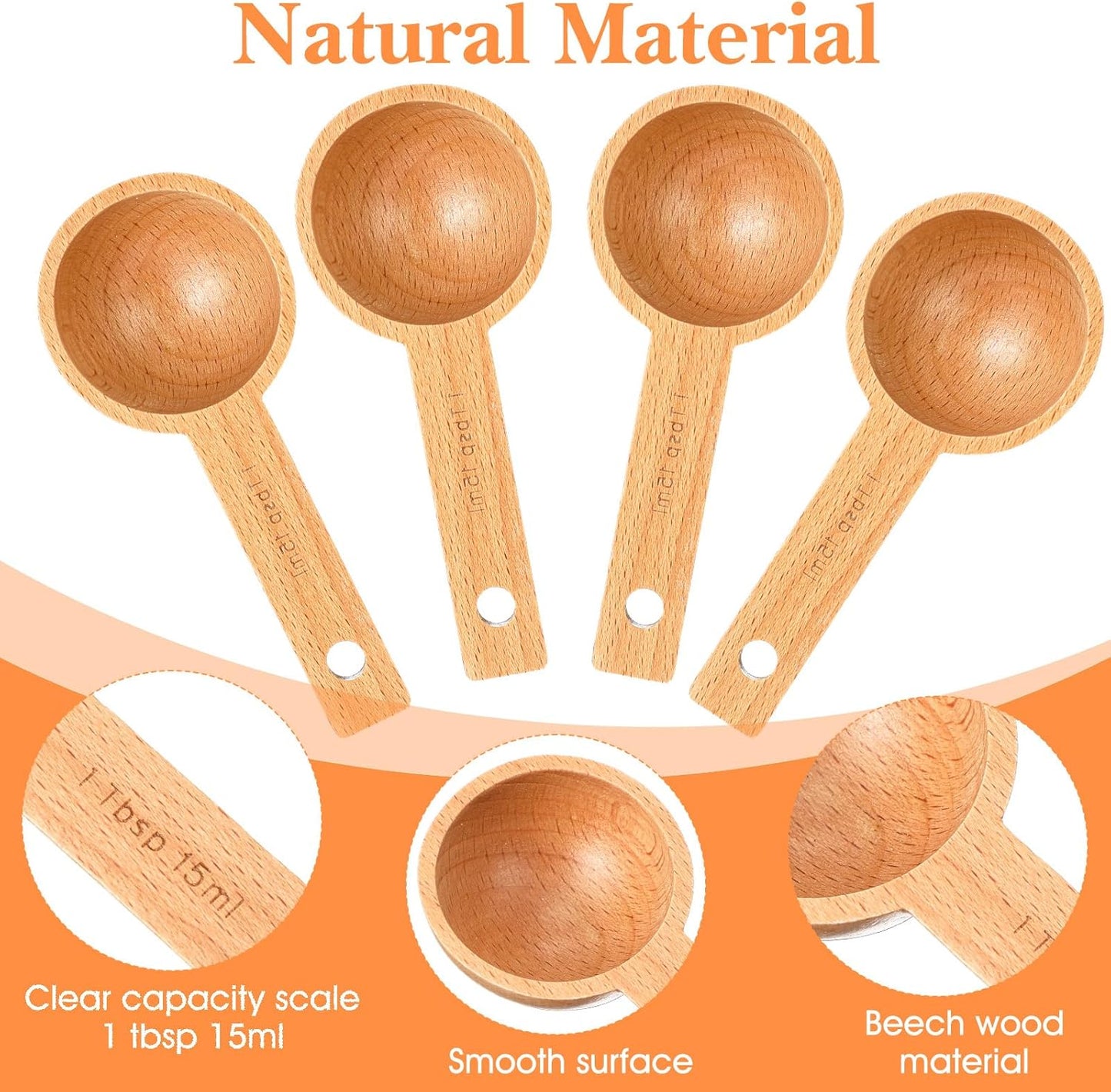 Wooden Coffee Scoop Set 4 Pack Beech Wood Tablespoon Measuring Spoons 15ml 1 Tablespoon Home Kitchen Accessories For Coffee Beans, Ground Coffee, Tea, Spices, Protein Powder, And Bath Salt