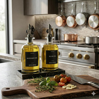 Verspace UV-Protected Green Glass Olive Oil Dispenser Bottles For Kitchen - 2 Pack - 12oz Includes 40 Kitchen Essential Labels, Avocado Oil Dispenser Set, Modern Decor for Home, Airbnb, Cafe