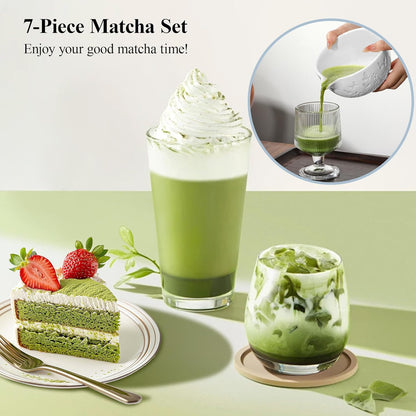 Matcha Whisk Set 7 PCS Matcha Bowl, Matcha Whisk and Holder, Bamboo Scoop and Scoop Rest, Stainless Sifter and Tea Towel Ceramic Matcha Set Japanese Matcha Kit for Matcha Lovers Pink