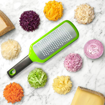 MYUBWTF 11-inch Handheld Cheese Grater - Coarse Stainless Steel Shredder for Parmesan/Cheddar, Non-Slip Silicone Handle with Storage Container (Dishwasher Safe) - Green