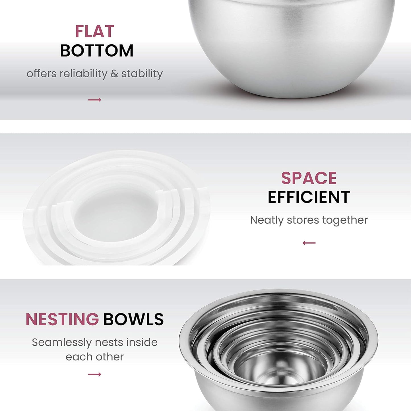 FineDine Stainless Steel Mixing Bowls Set with Lids, Home Kitchen Cooking Essentials Household Must Haves for Baking, 5 Pieces