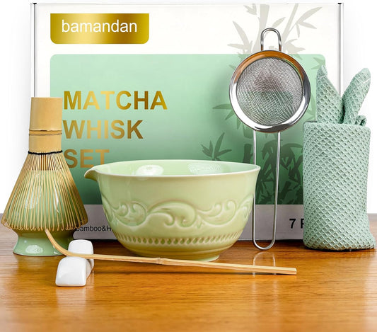 7-Pcs Pink Matcha Whisk Set, Japanese Ceremony Matcha Kit Includes Bowl With Spout, 100% Natural Bamboo Whisk and Holder, Scoop, Scoop Rest, Strainer and Tea Towel - Ideal Gift Christmas, Birthday