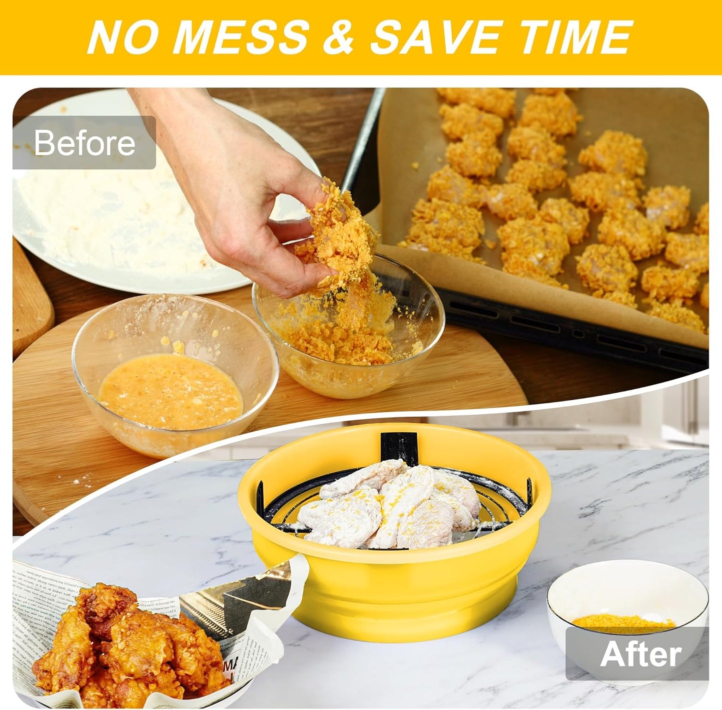 FJNATINH Collapsible Batter Bowl - Mess Free Better Breader Shaker Bowl with Lid Breading Shaker Container - Great for Fried Fish, Fried Chicken, Onion Rings, Wings & More,No Leak,Easy to Store