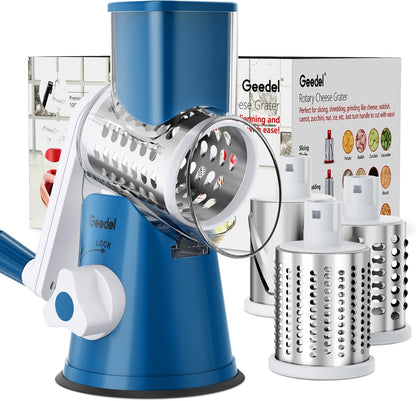 Geedel Rotary Cheese Grater, Kitchen Mandoline Vegetable Slicer with 3 Interchangeable Blades, Easy to Clean Grater for Fruit, Vegetables, Nuts