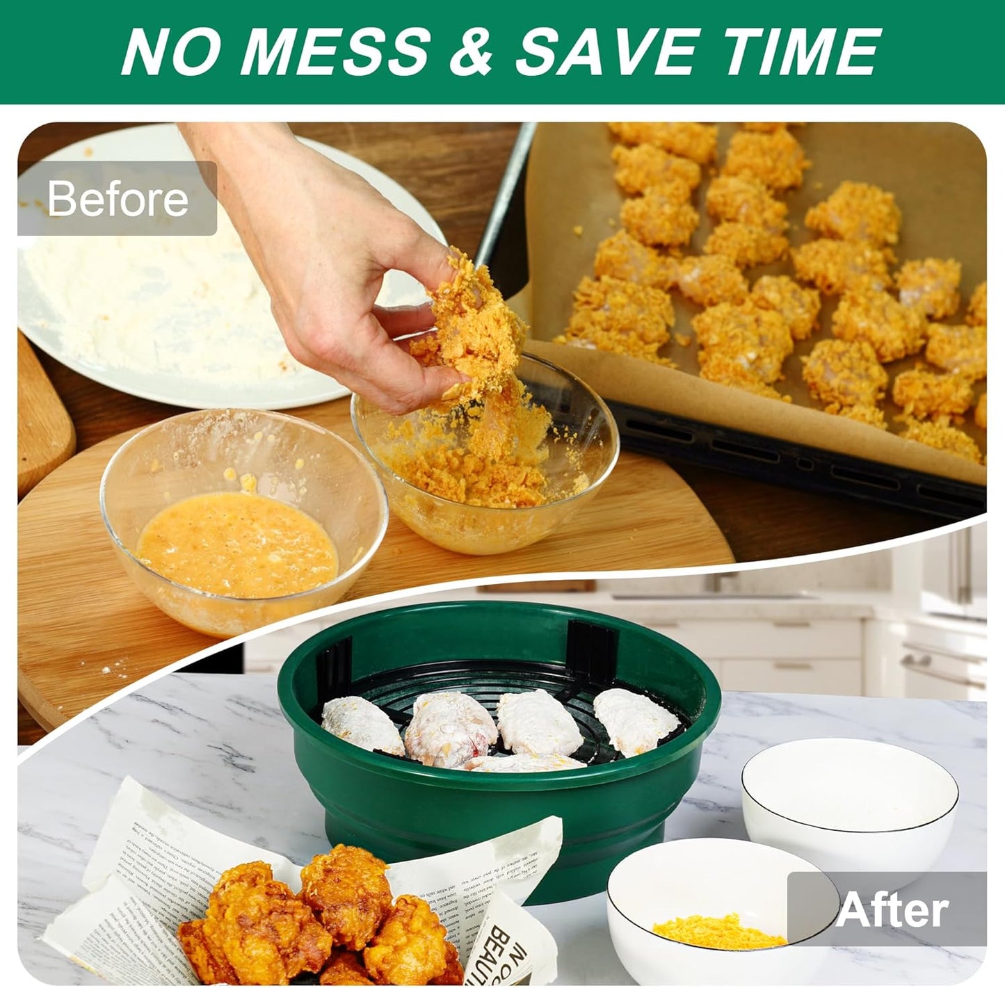 FJNATINH Collapsible Batter Bowl - Mess Free Better Breader Shaker Bowl with Lid Breading Shaker Container - Great for Fried Fish, Fried Chicken, Onion Rings, Wings & More,No Leak,Easy to Store
