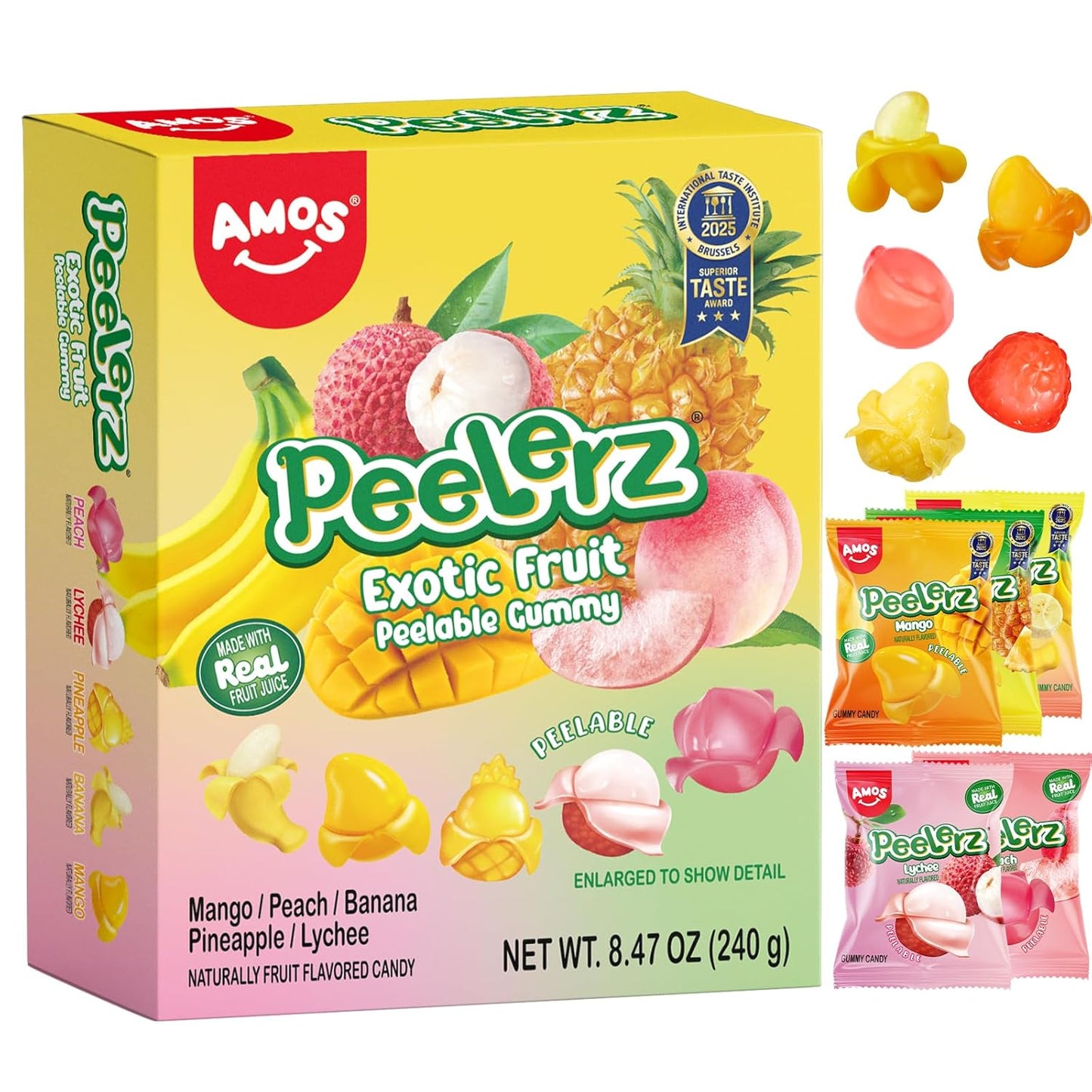 AMOS Peelerz Peelable Gummy Candy Variety Pack, Mango White Peach Banana Green Apple Passion Fruit Lychee, Soft Chewy Fruit Snack, Pack of 6