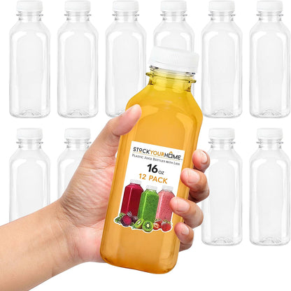 12 oz Juice Bottles with Caps for Juicing (12 pack) - Reusable Clear Empty Plastic Water Bottles - Drink Containers for Mini Fridge, Juicer Shots Includes Labels, Brush & Funnel