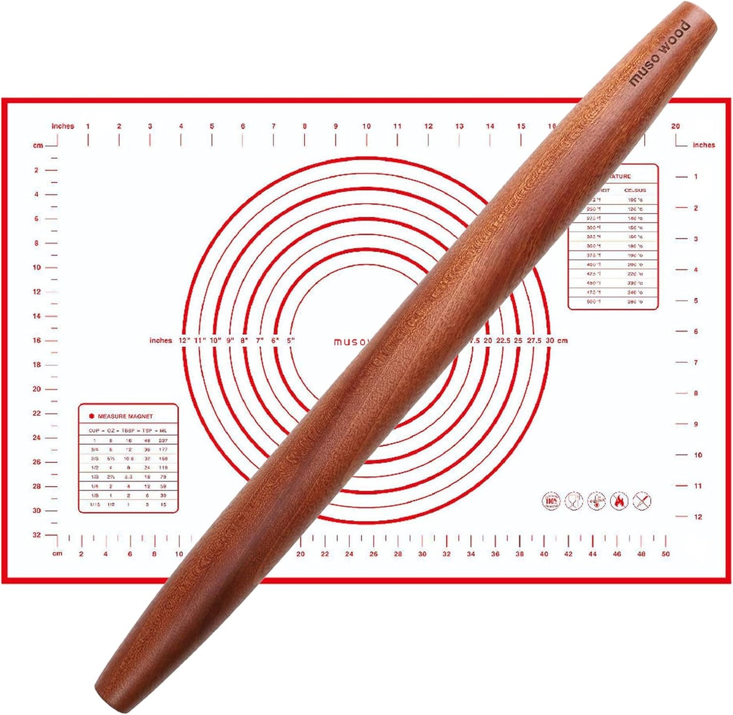 Muso Wood Sapele Wooden French Rolling Pin for Baking, Tapered Roller for Fondant, Pie Crust, Cookie, Pastry (French 15-3/4inch)