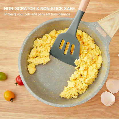 Kitchen Utensils Set - 34 PCS Non-Stick Silicone Cooking Utensils Set Spatula Set with Holder, Wooden Handle Spoon,Brush,Whisk Kitchen Gadgets Tools Set for Nonstick Cookware (Cream White-34P)