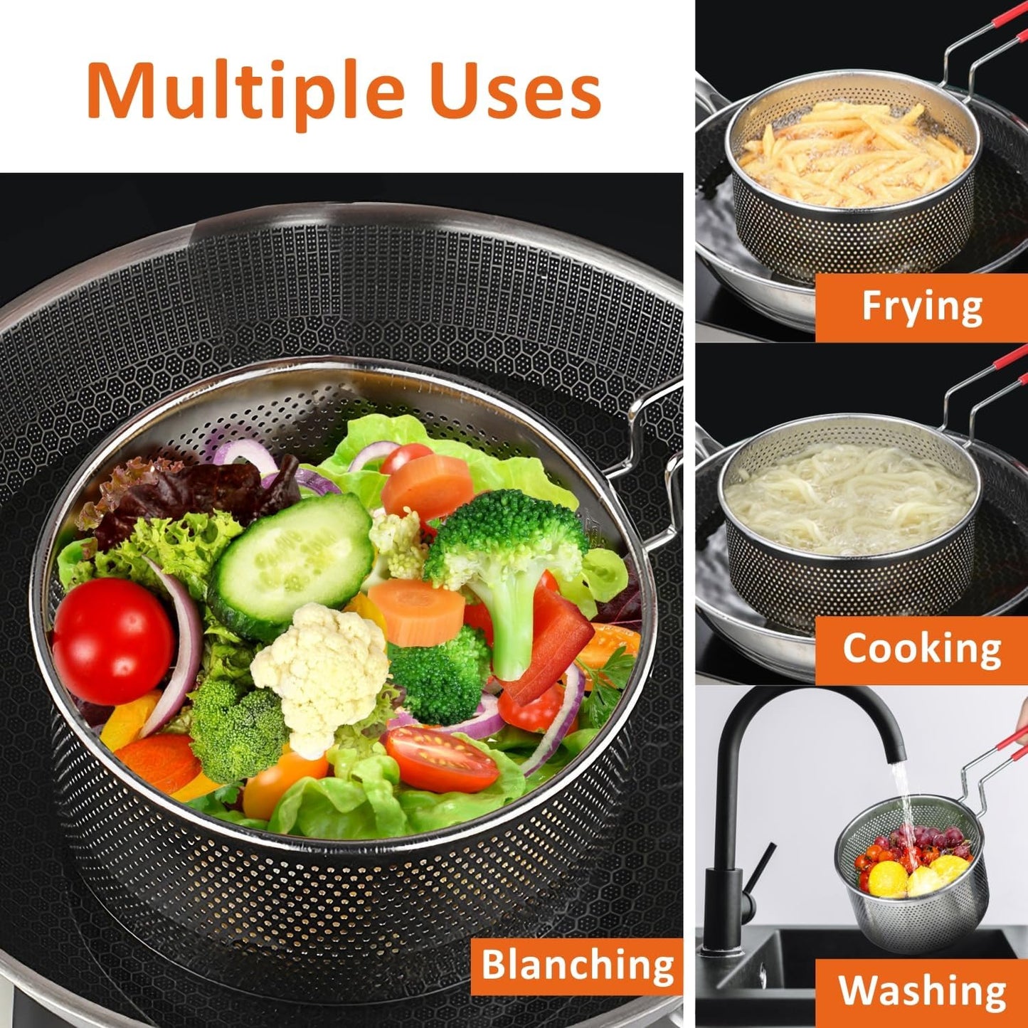Yimi 16.5 Inch Spider Strainer | Stainless Steel Kitchen Cooking Skimmer with Double Hook Long Handle | Spiral Wire Spoon Ladle with Reinforced Double Coil for Cooking and Frying, Ideal for Gift