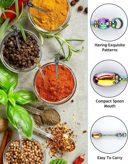 5PCS Mini Spoons with Storage Pouch, Metal Small Spoon for Medicine Spices, MultiColor Tiny Spoons for Kitchen Pendant Charms Necklace Keychains, Multi Functional Little Measuring Spoon (Mini Spoons)
