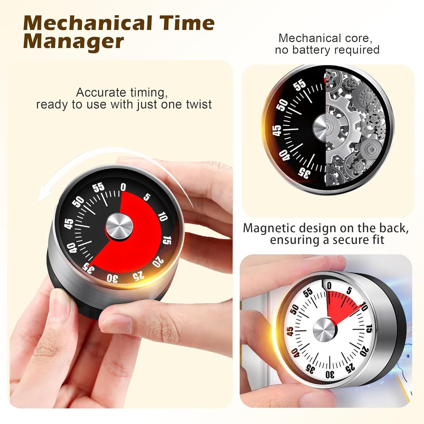 Premium Mechanical Kitchen Timer, No Battery Required, Magnetic Base, Twist Dial Control, Space Saving Design for Cooking Exercise, Silver and Black
