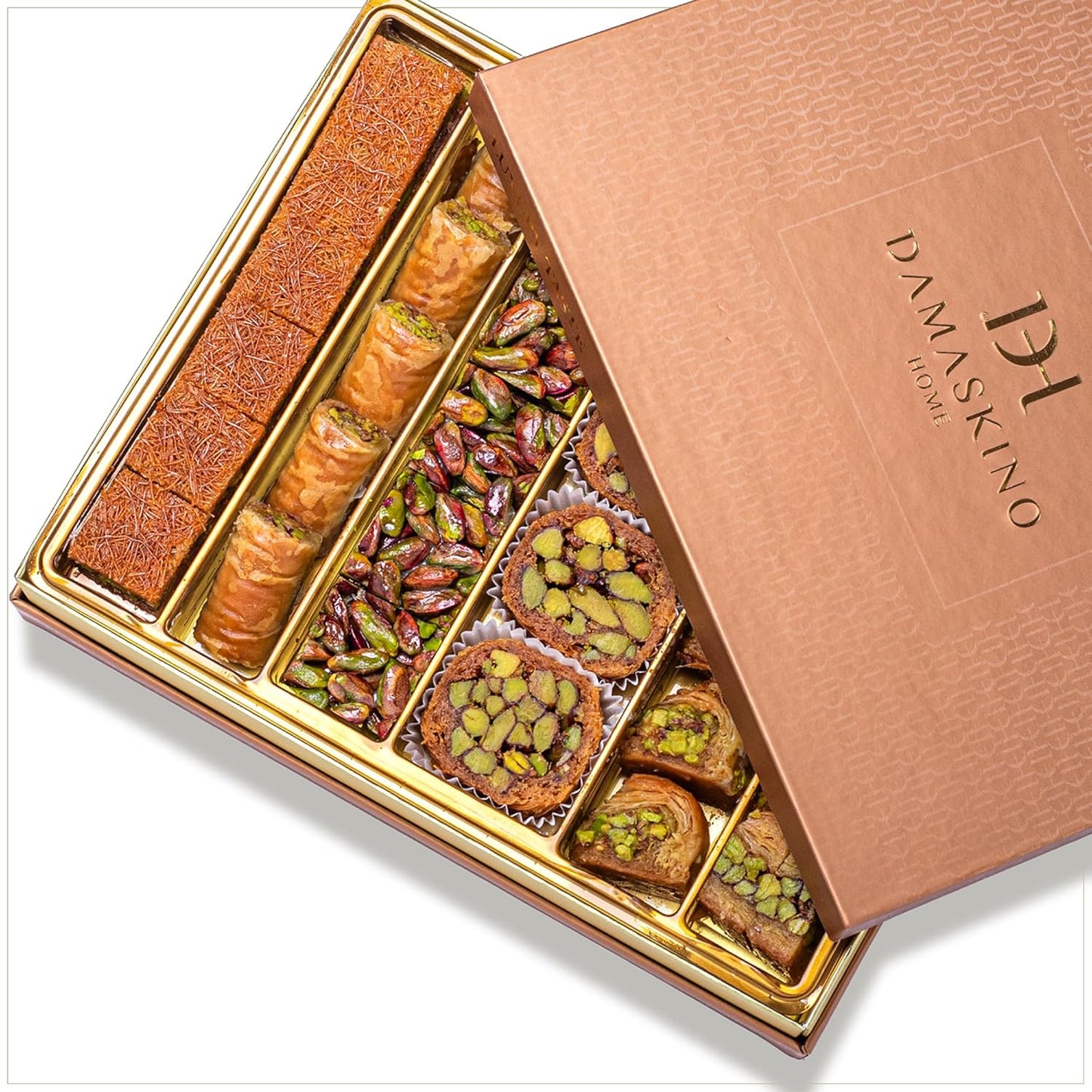 Damaskino Home Assorted Turkish Baklava Gift Box – 1.1lb (500g) 35 Pieces – Traditional Pistachio Baklava Pastry with Walnut & Cashew Fillings – Authentic Middle Eastern Sweets – Pistachio Gift Box