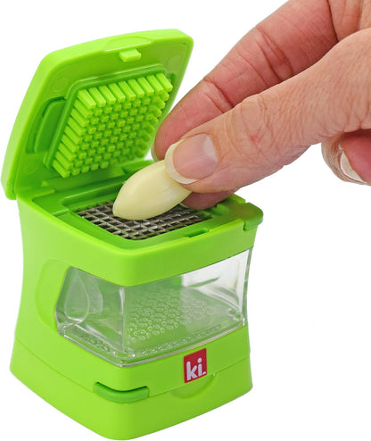 Garlic-A-Peel Garlic Press, Crusher, Cutter, Mincer, and Storage Container - Includes Silicone Garlic Peeler - Easy to Clean - Stainless Steel Blades – (Black), standard