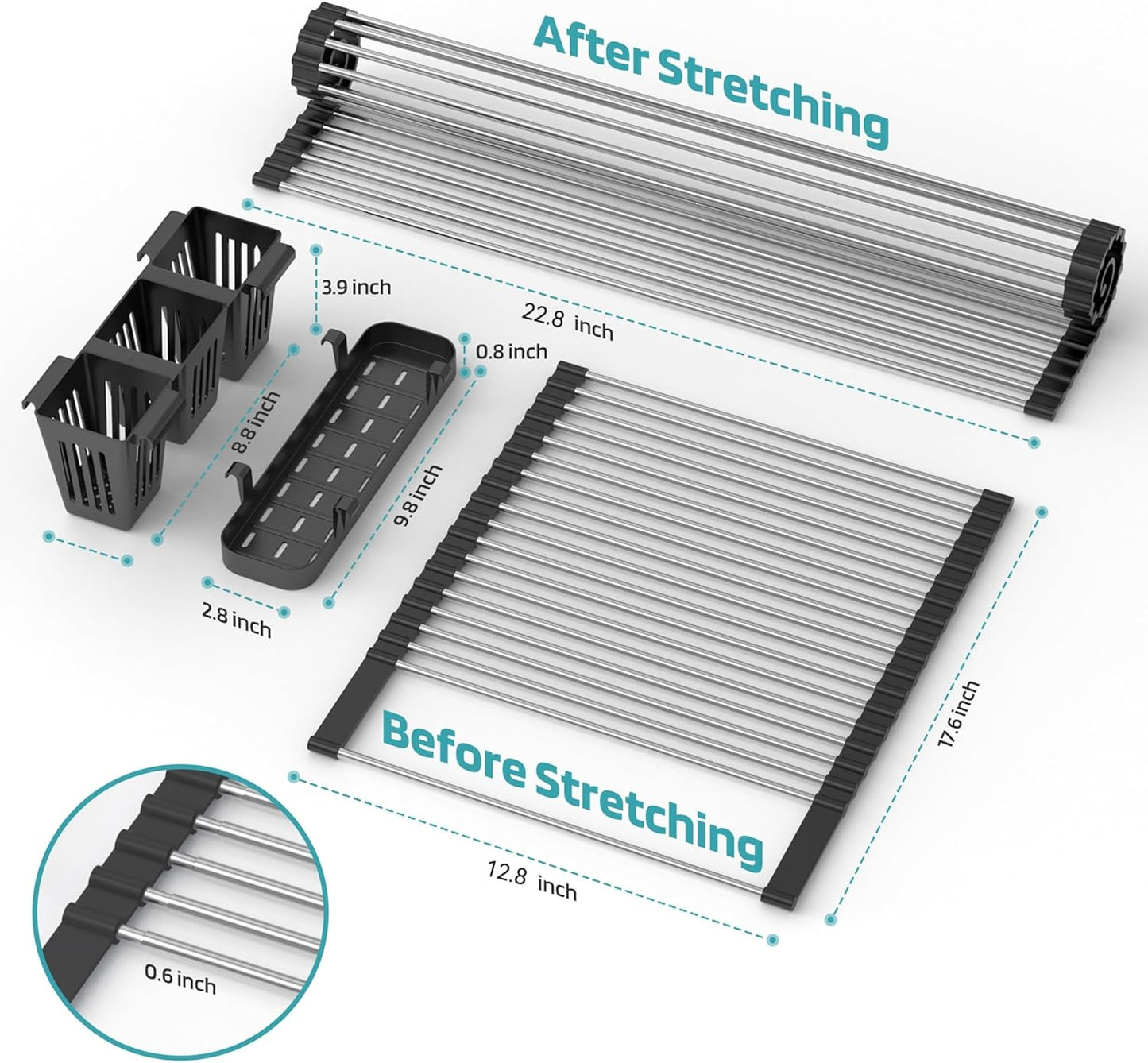 Black Expandable Roll Up Dish Drying Rack Up to 22.8''with 2 Storage Baskets,Over The Sink Kitchen Rolling up Dish Drainer Drying Rack , Foldable,Rollable,for Kitchen Dishes(Expandable Width Size)