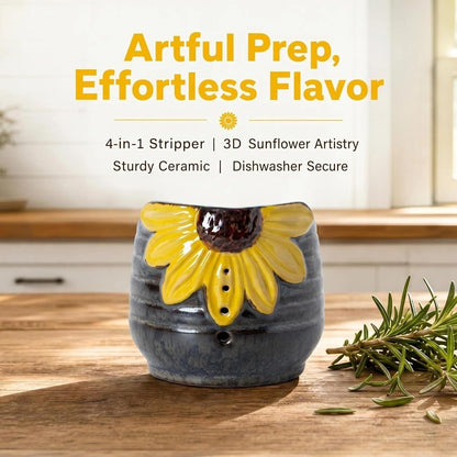 Sunflower Herb Stripper Bowl - 4 Size Holes Ceramic Leaf Stripper Tool for Rosemary Thyme, 3D Sunflower Embossed, Kitchen Gadgets for Cooking & Gardening, Brown Glazed