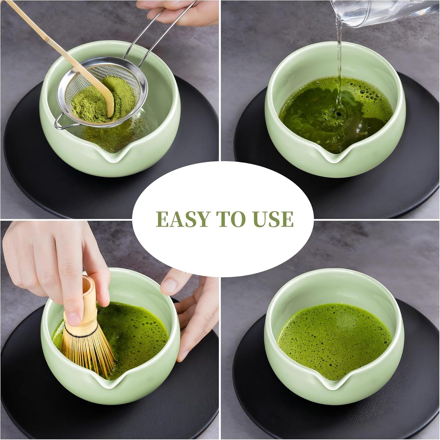 YIBO Matcha Whisk Set With Bowl, Ceramic Matcha Making Kit Includes Bamboo Whisk (Chasen), Holder Stand, Powder Starter Sifter, Scoop, Measuring Spoon & Cup Tea Tools For Ceremony (Mottled Green)