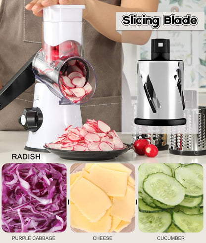 Ourokhome Rotary Cheese Grater Hand Crank, Kitchen Shredder Speed Mandolin Slicer Nut Grinder with Handle and Drum Blades for Cheese, Vegetable, Walnut, Chocolate, Potato, Carrot, 3 Blades, Dark Blue