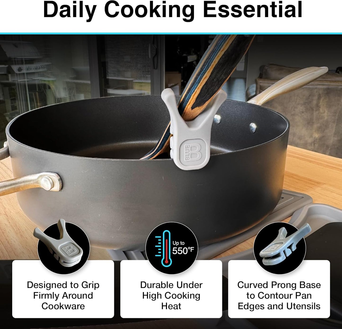 Nottaslip Utensil Prong Pot Spoon Holder - Premium Silicone Spoon Rest - Heat-Resistant to 550°F, BPA-Free, Dishwasher Safe Utensil Pot Clip, Fits Most Pots & Pans - Non-Slip Silicone - 2PK, Black