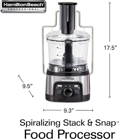 Hamilton Beach Professional Stack & Snap Food Processor & Veggie Spiralizer for Slicing, Shredding and Kneading, Extra-Large 3" Feed Chute Fits Whole Vegetables, 12 Cups, Stainless Steel (70815)