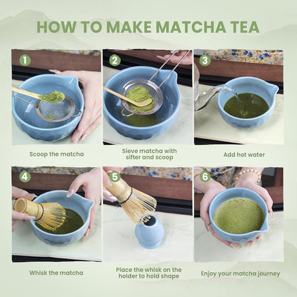 Matcha Whisk Set – Ceramic Matcha Bowl with Pour Spout, Bamboo Whisk, Whisk Holder, Scoop, Sifter – Japanese Matcha Kit for Beginners (Blue)