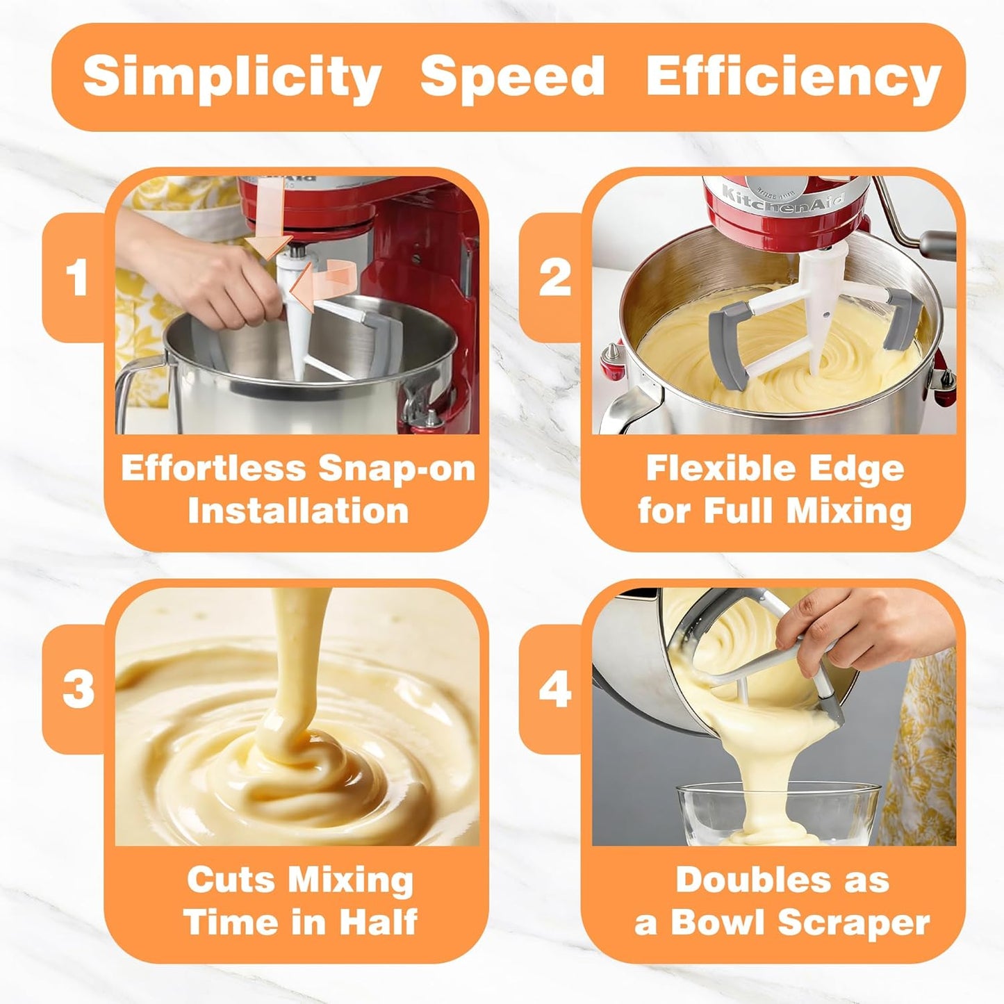 Flex Edge Beater for KitchenAid 6 Quart Bowl-Lift Stand Mixers, Paddle Attachment with Flexible Silicone Edges, Pastry Beater for KitchenAid Mixer Accessories, Dishwasher Safe