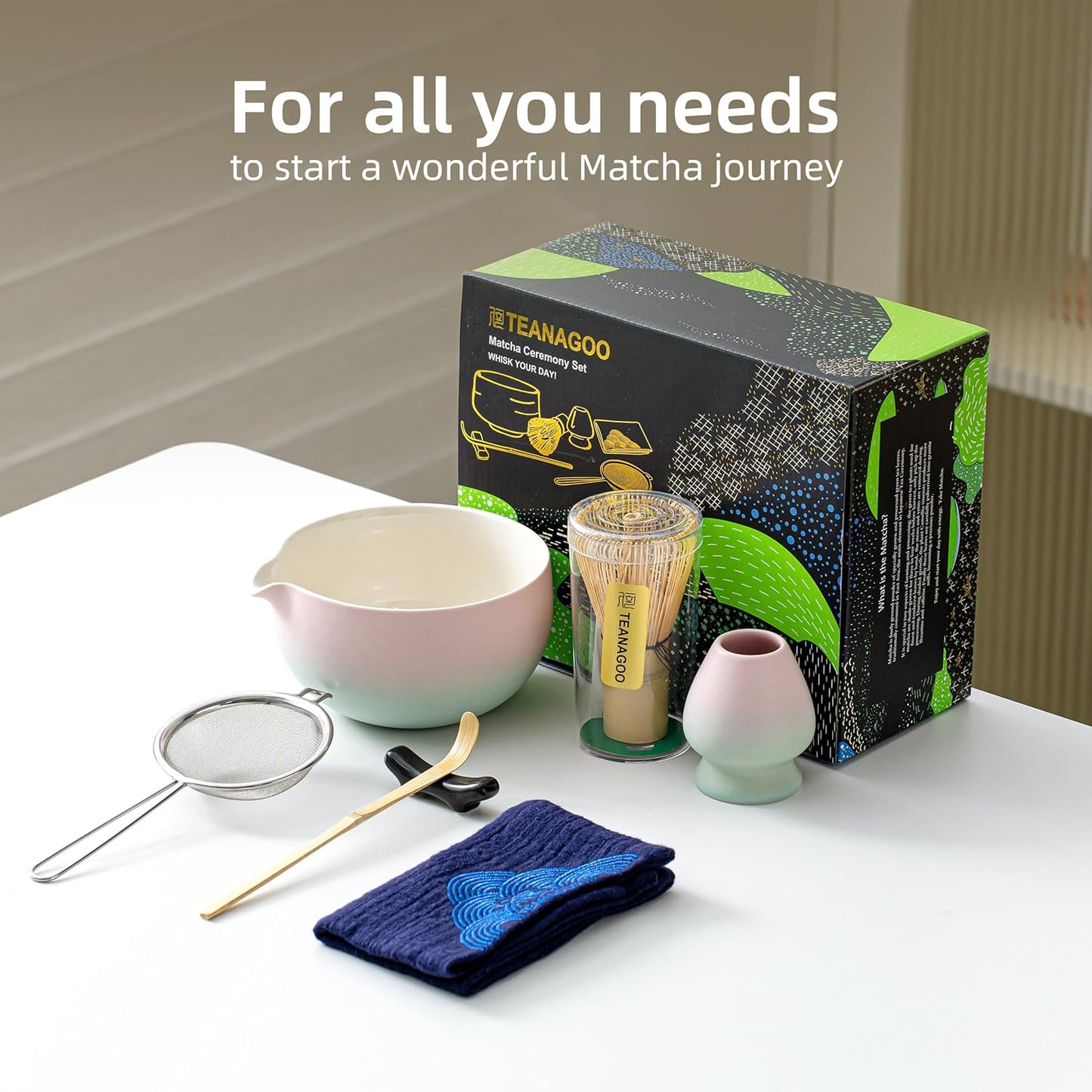 TEANAGOO Matcha Whisk Set,7 Pcs Matcha Start Set Lt.Grey,Matcha Kit for Ceremony,Matcha Tea Set with Whisk and Bowl with All Accessories,Gift for Friend/Family