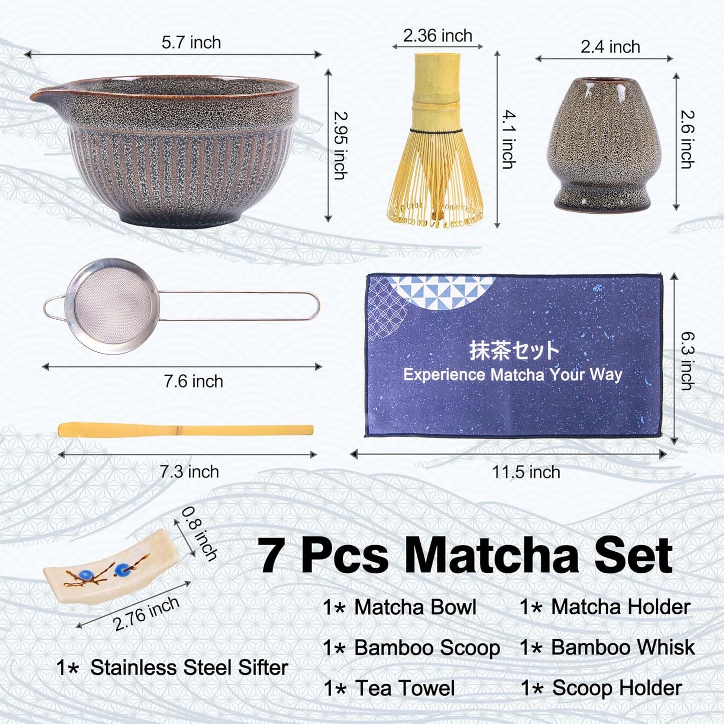 7pcs Matcha Whisk Set with 18oz Spout Bowl, Japanese Tea Ceremony Kit, Natural Bamboo Whisk Scoop, Ceramic Holder Sifter Towel, Best Gift for Beginners and Matcha Lovers