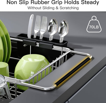 JASIWAY Roll Up Dish Drying Rack, Expandable (12.8"-23.8" D x 12.8" W) Stainless Steel Portable Drainer for Kitchen Sink Counter, Foldable Over The Sink Cover with Removable Utensil Holder
