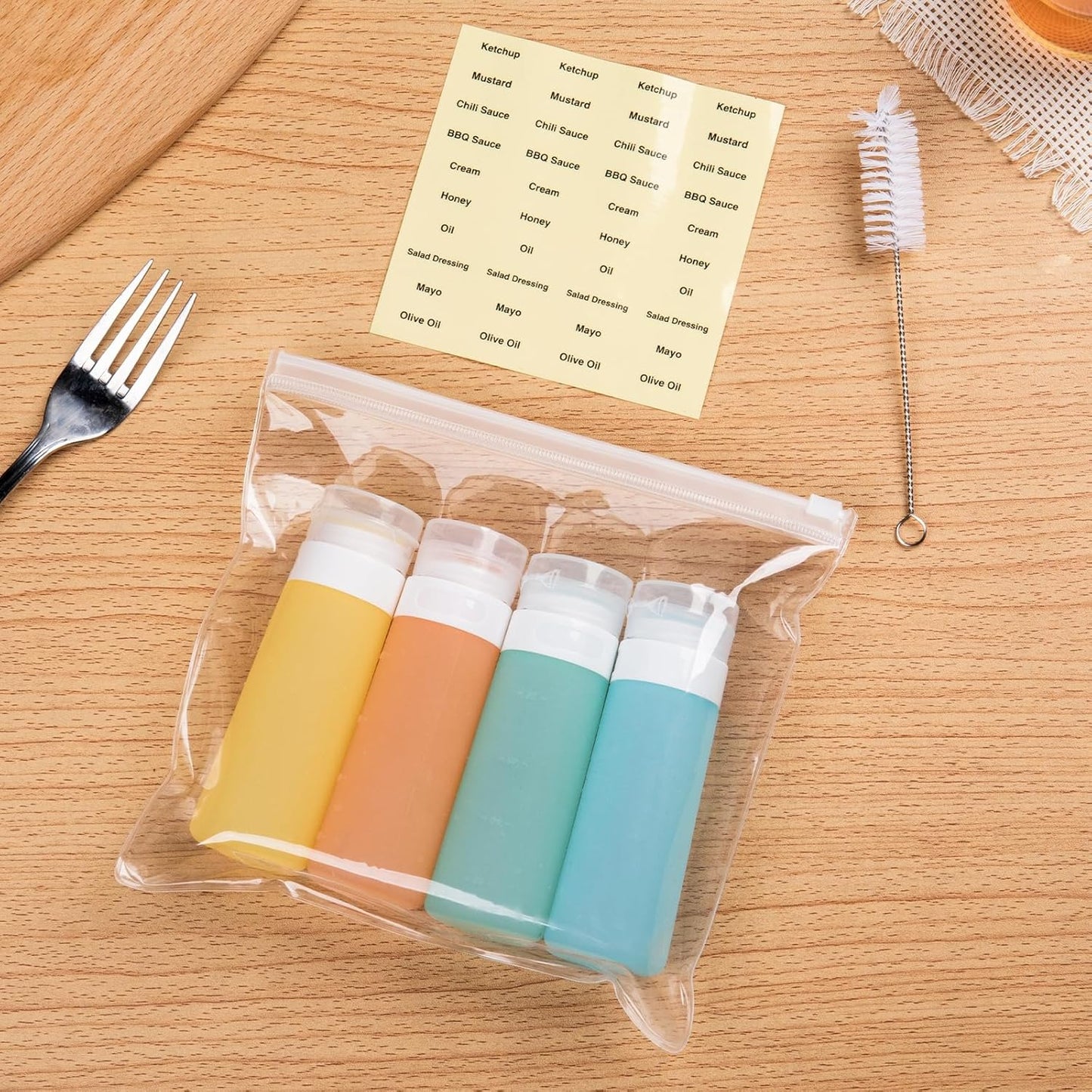 MICEBAY Condiment Squeeze Bottles for Sauces, 2-oz Mini Silicone Salad Dressing Container to Go with Reusable Sandwich Bag, Leakproof Ketchup Bottle for Bento Lunch Box, 4 Pack, Candies